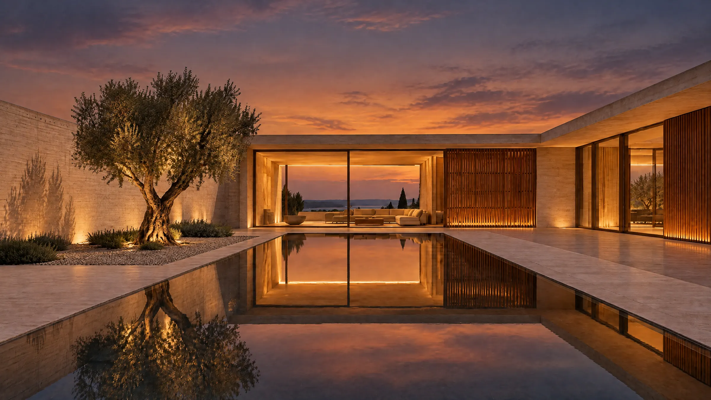 The courtyard pool at dusk with warm pavilion light