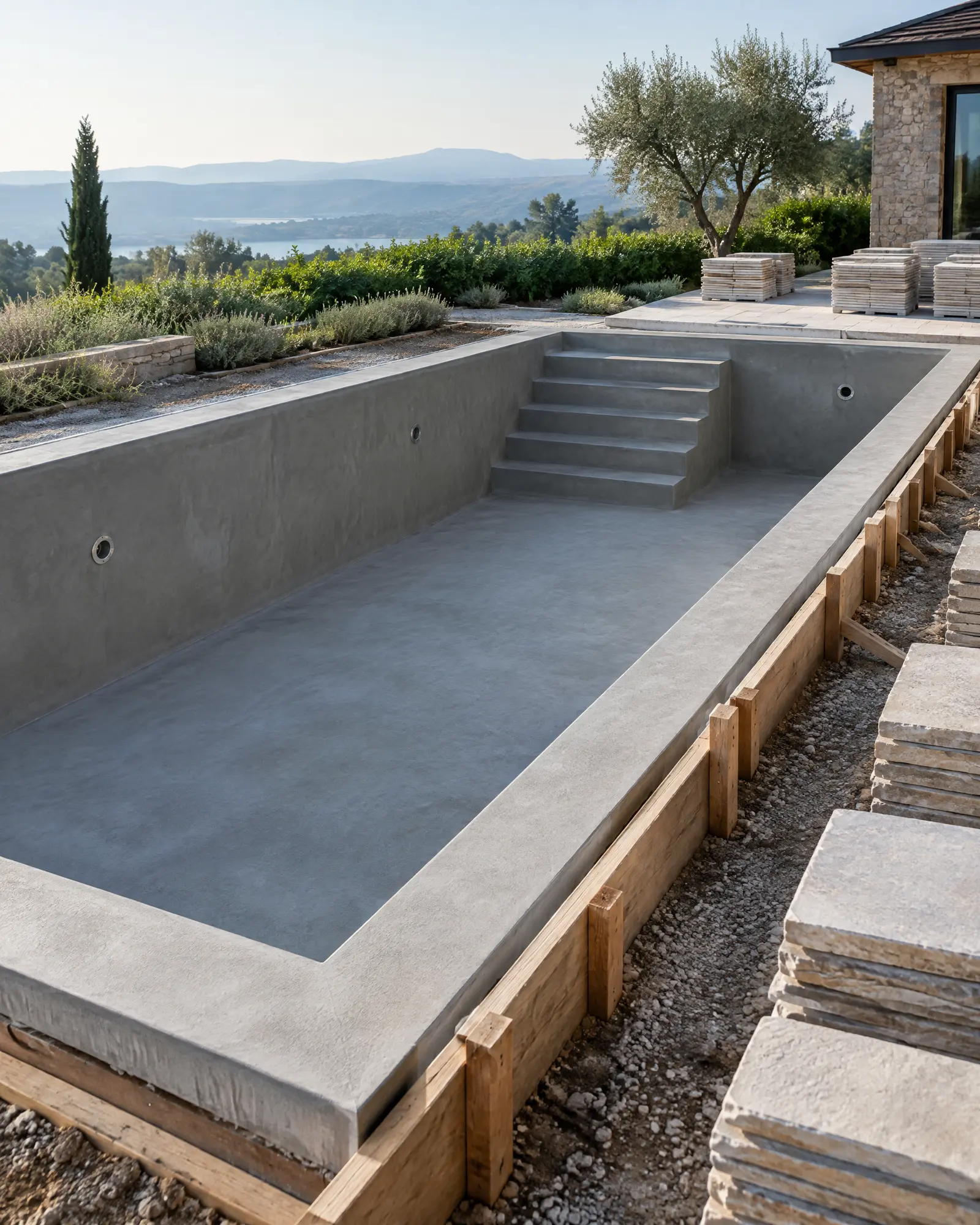 A smooth concrete pool shell with timber formwork