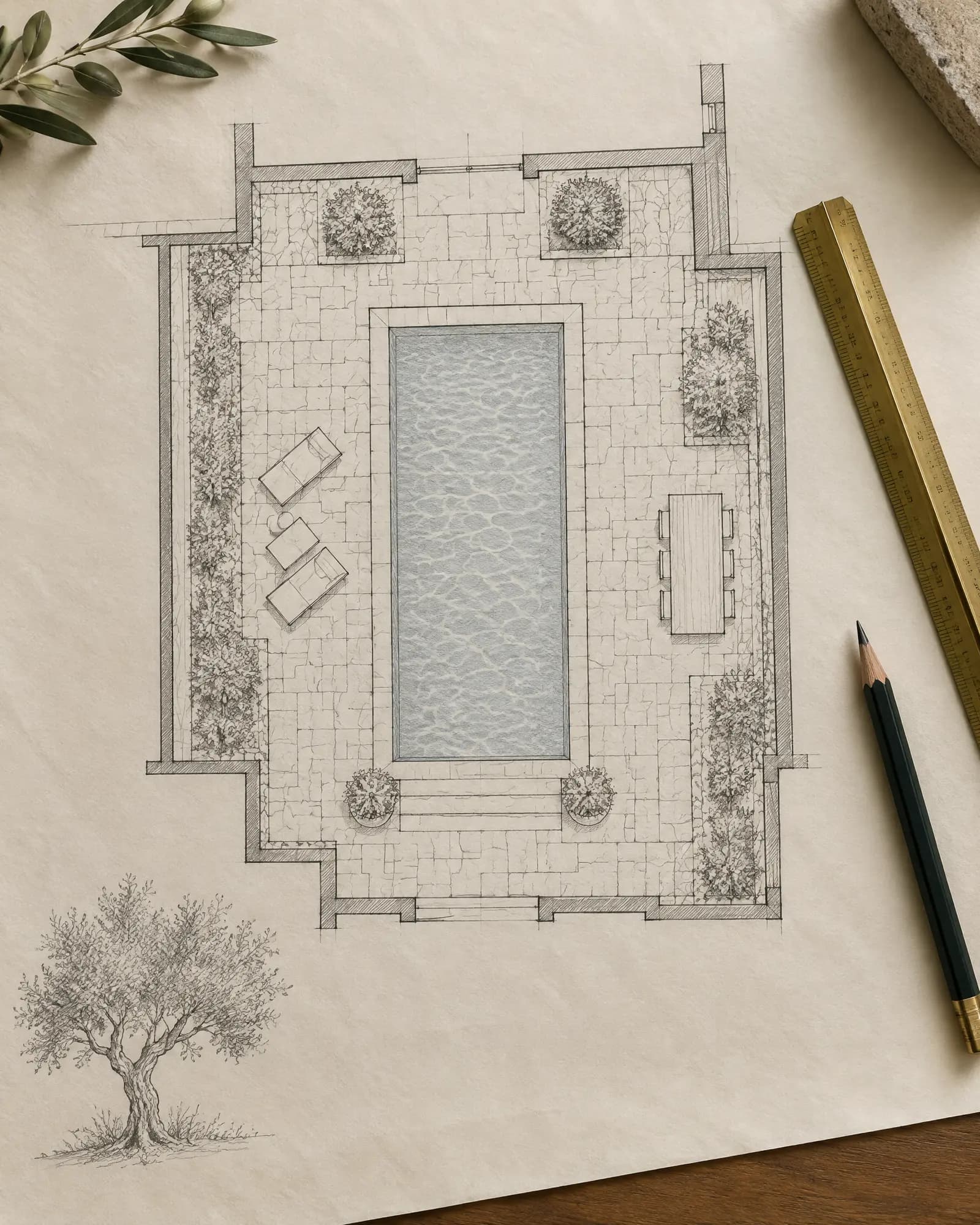 A hand-drawn pencil plan of a courtyard pool