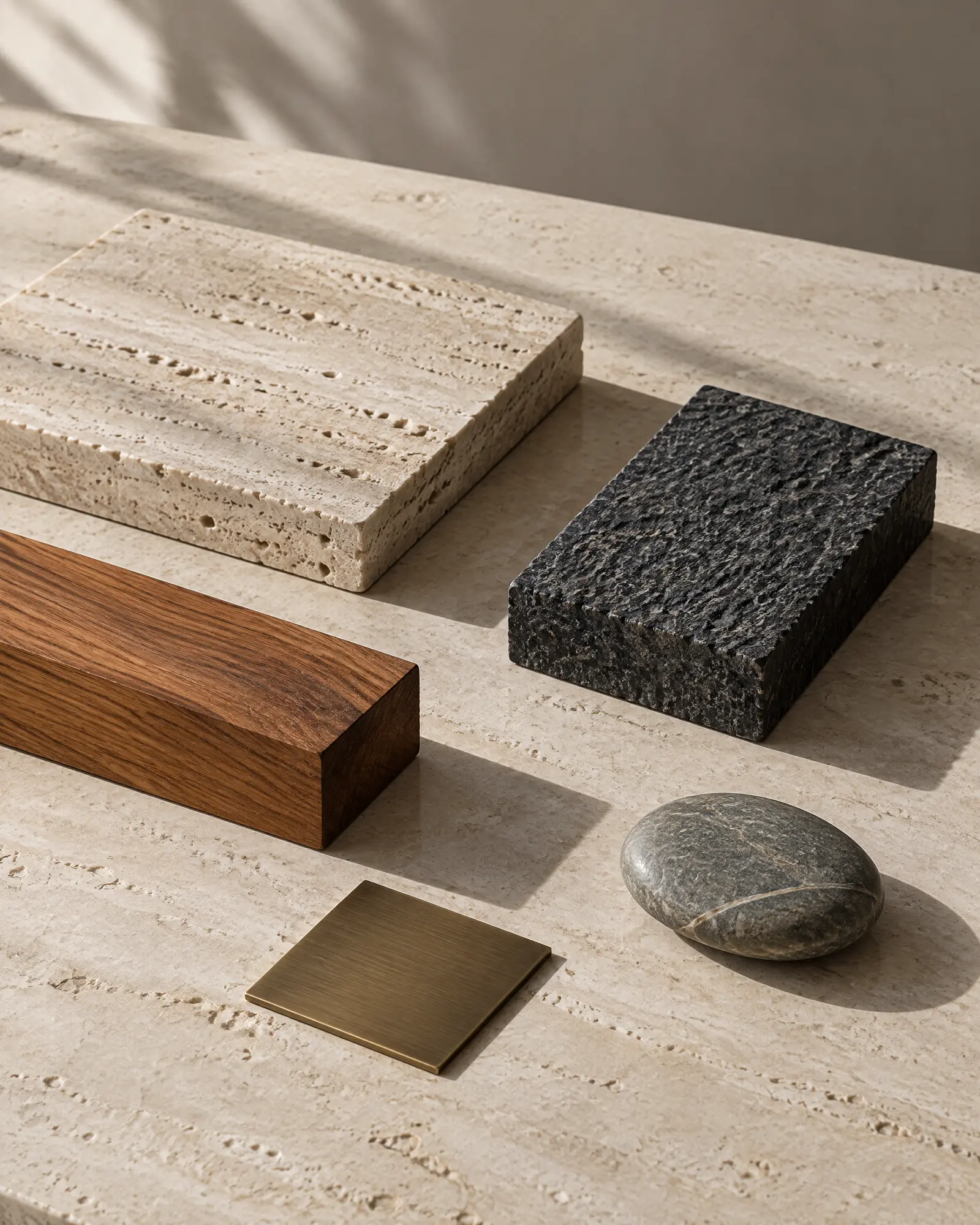 Samples of travertine, basalt, teak and bronze on a stone table