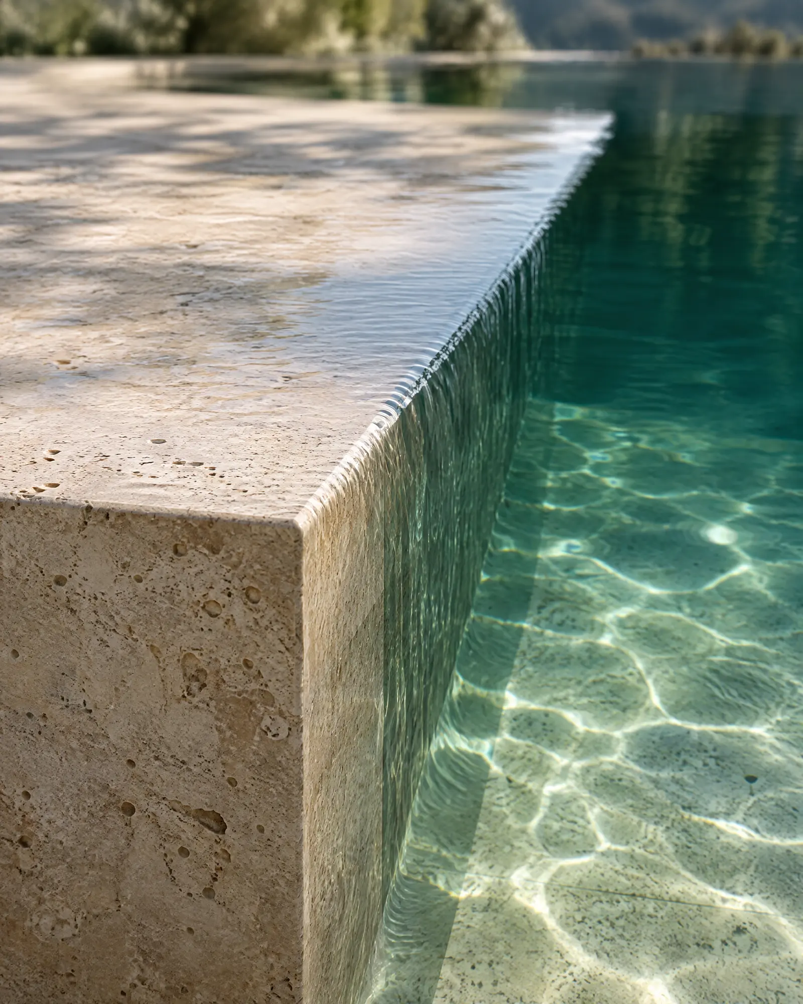 Still water meeting a thin travertine edge