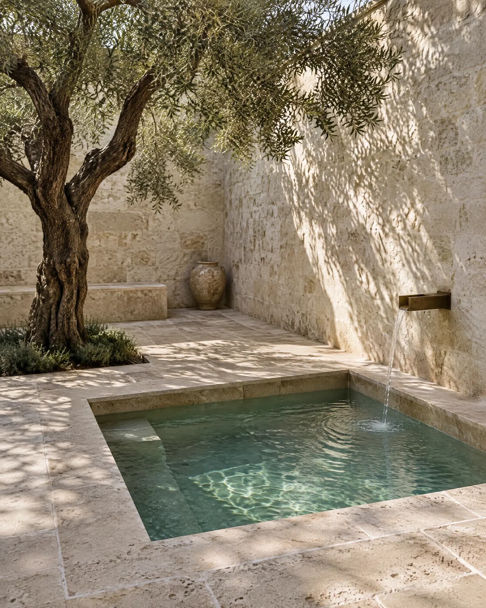 A square plunge pool in a walled stone courtyard with an olive tree