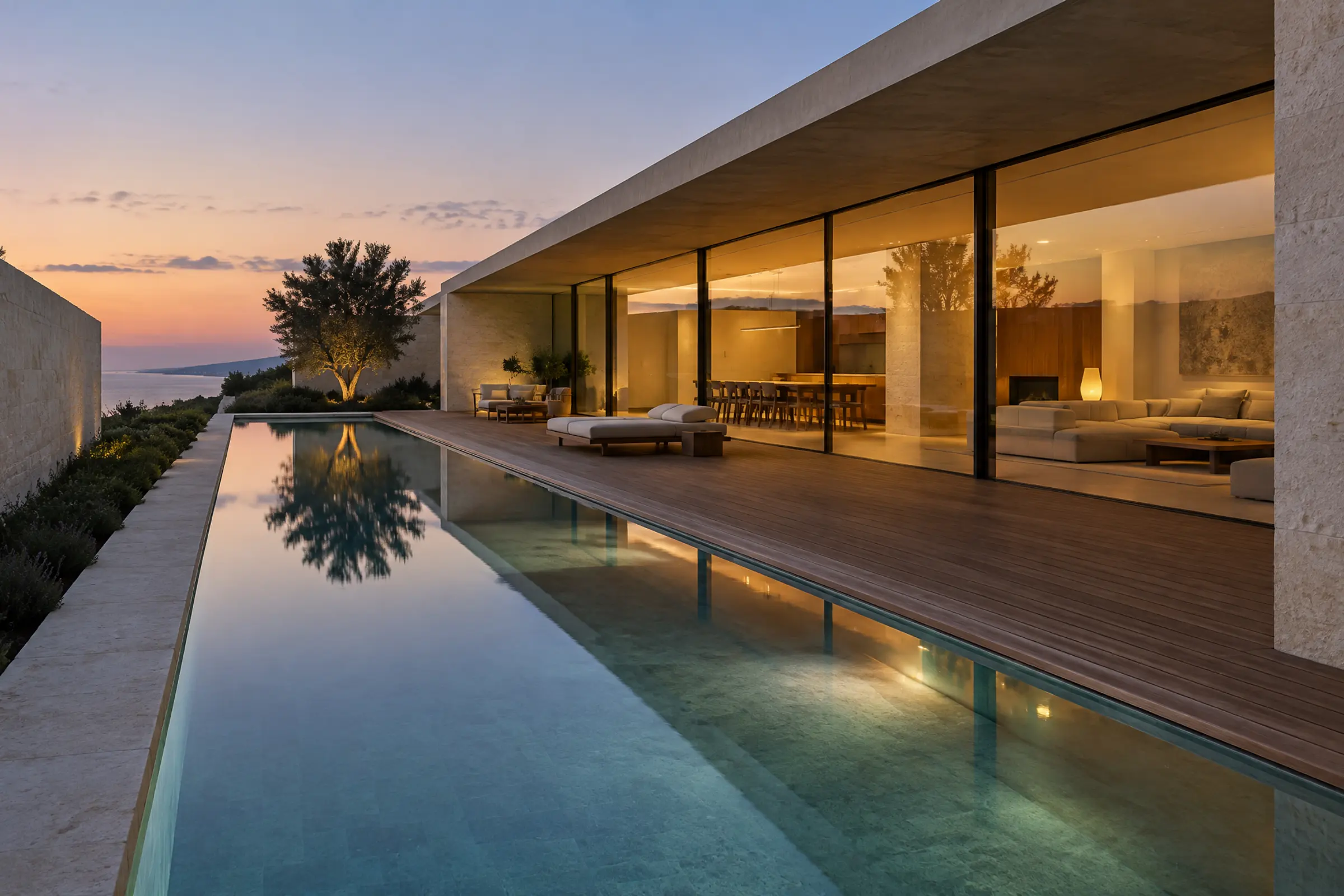 A long lap pool beside a low pavilion at dusk