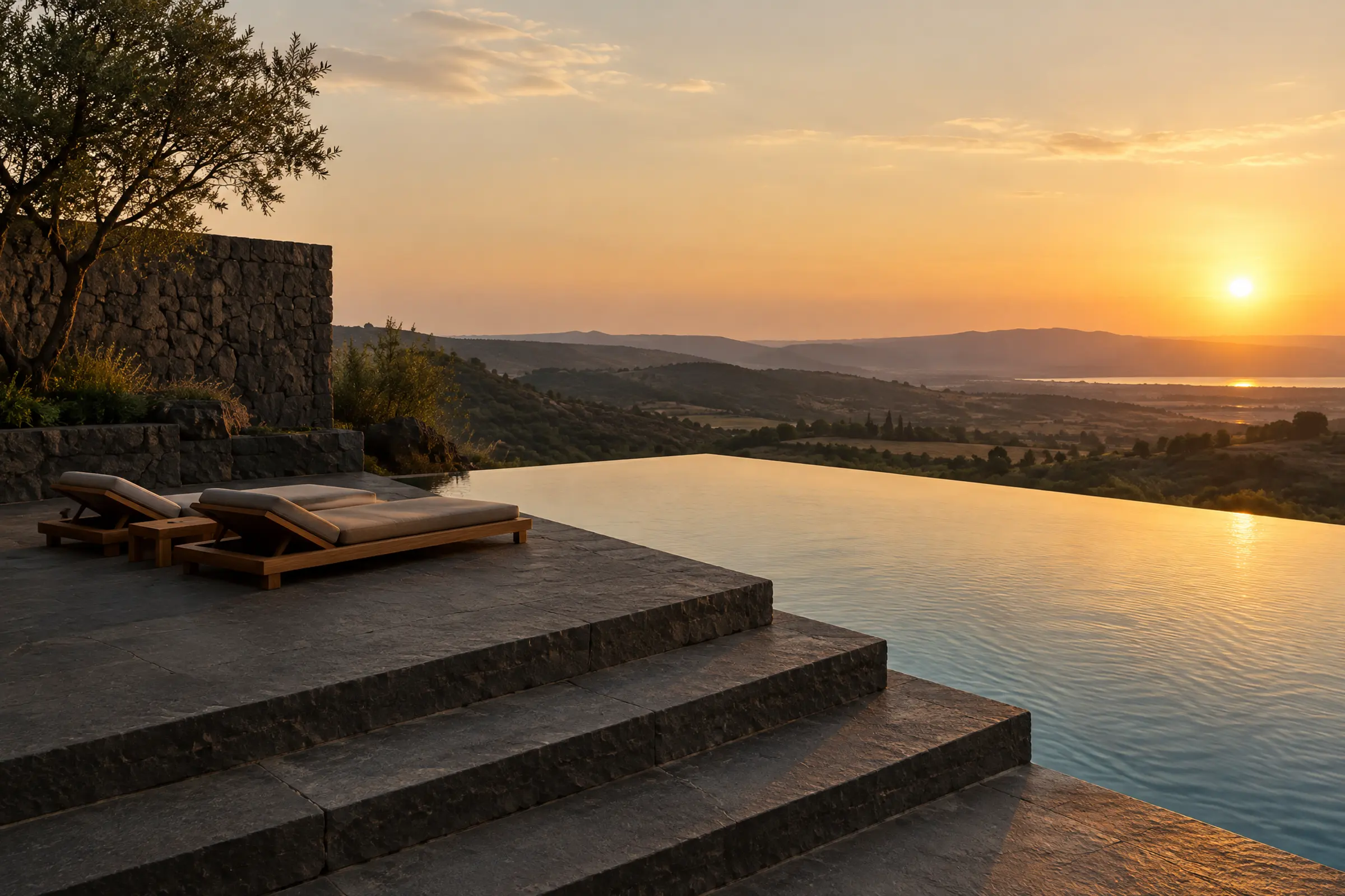An infinity-edge pool on a dark stone terrace over a landscape