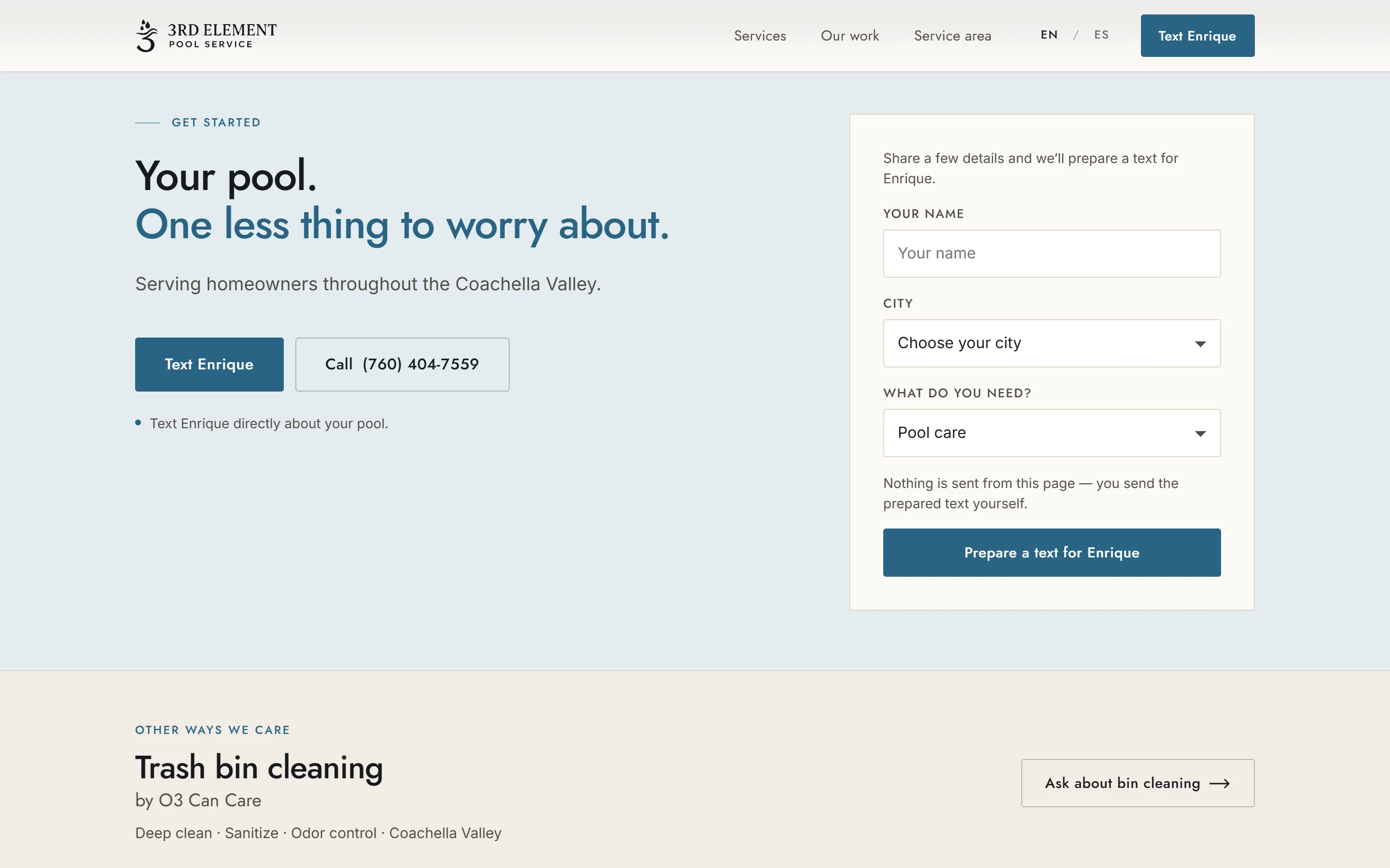 Contact section with the text-message form on desktop