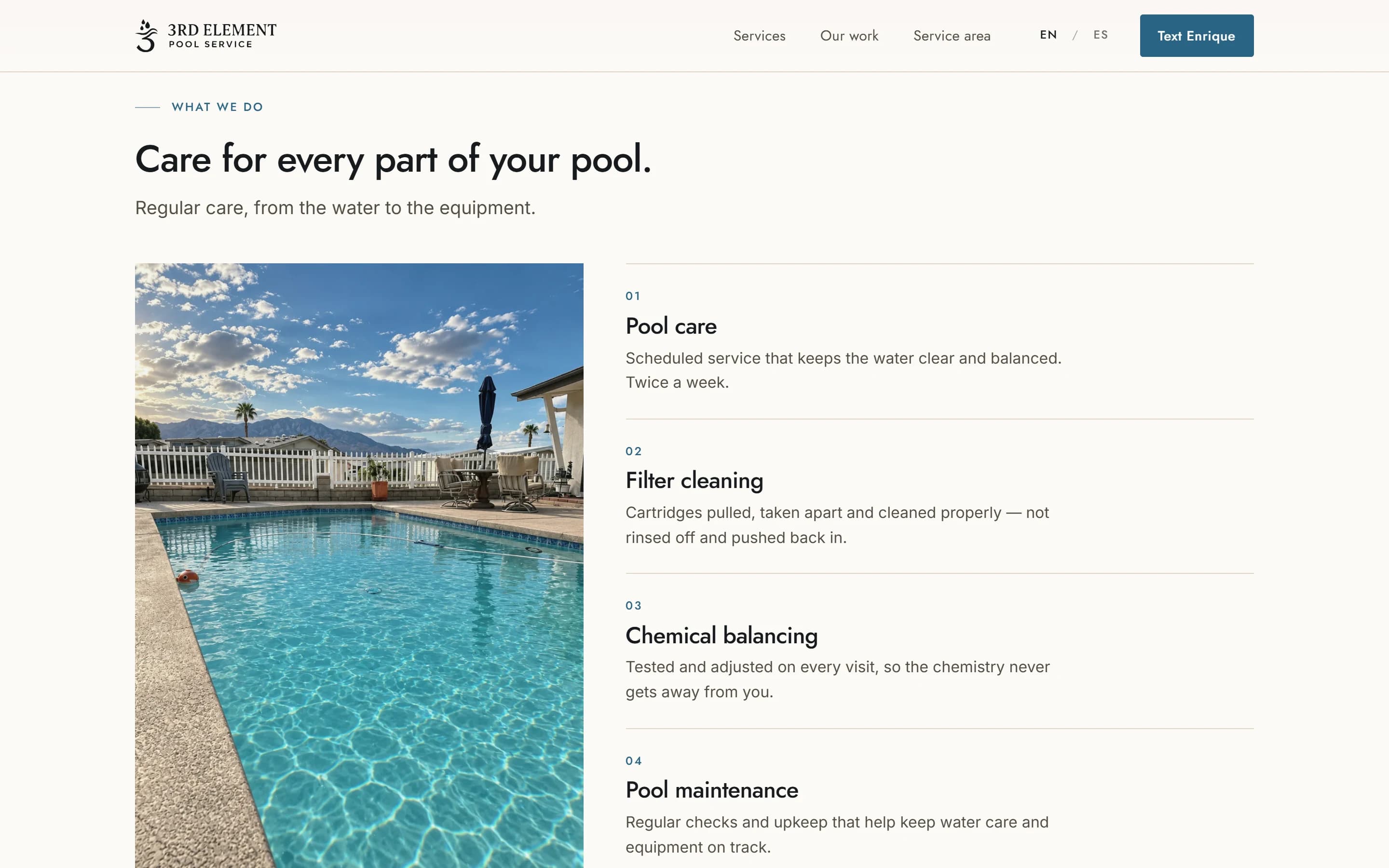 Services list with a pool photograph on desktop