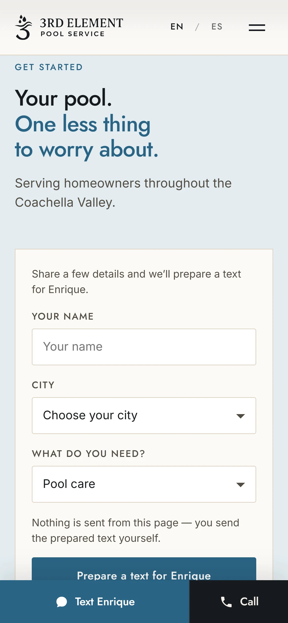 Contact form and fixed text and call bar on mobile