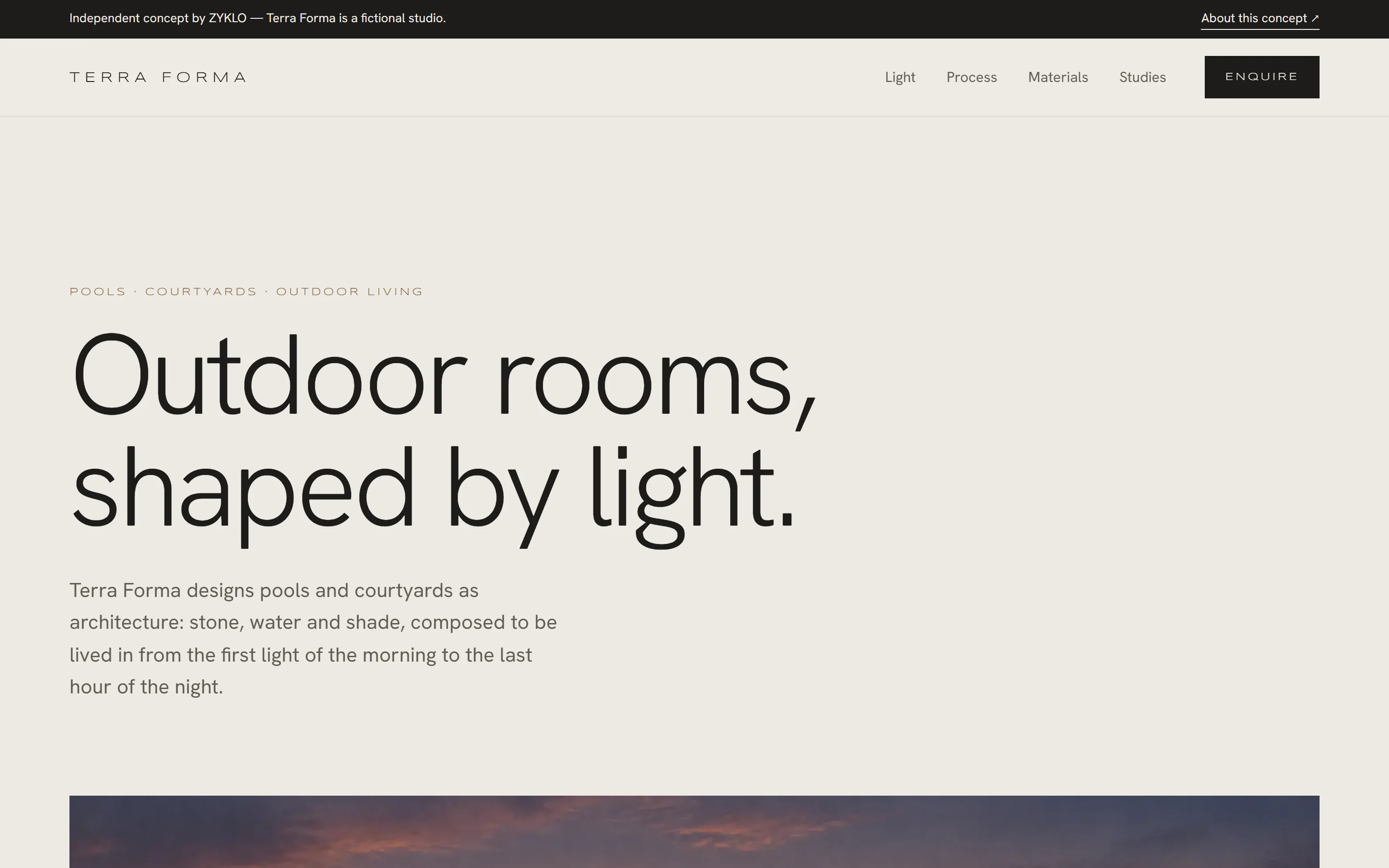 The Terra Forma homepage: Outdoor rooms, shaped by light