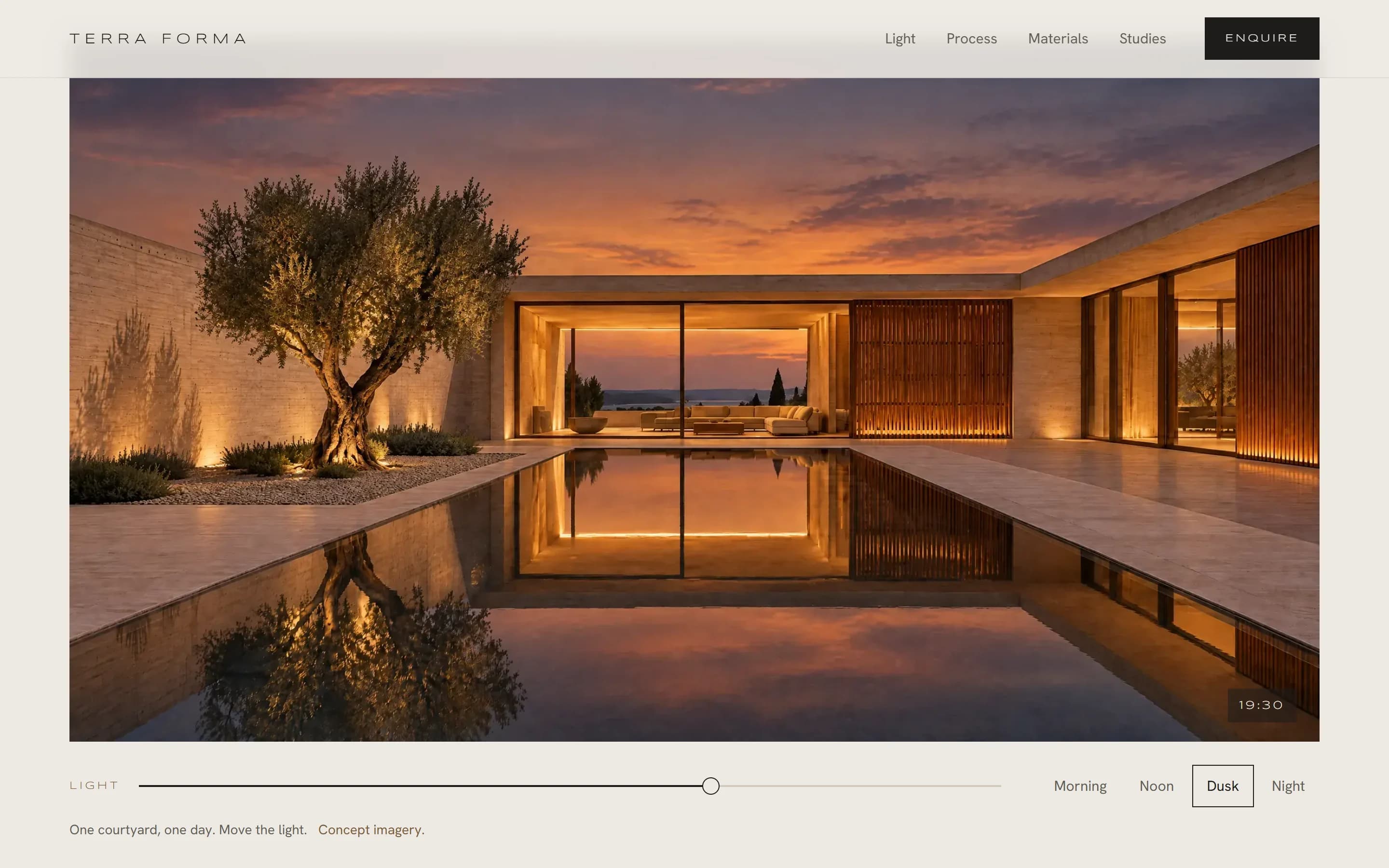 Terra Forma concept: a courtyard pool at dusk with the time-of-day slider