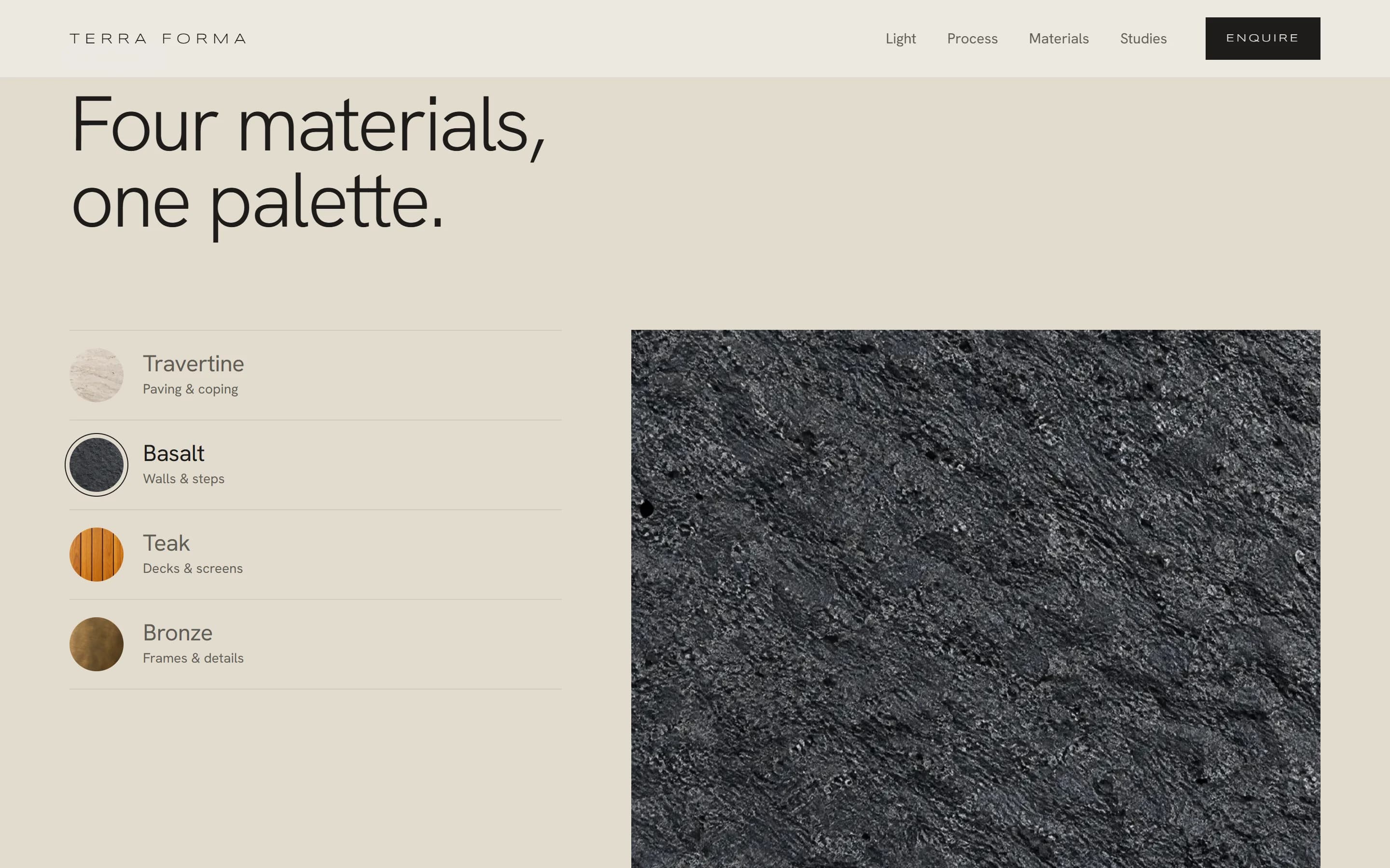 The materials palette with basalt selected
