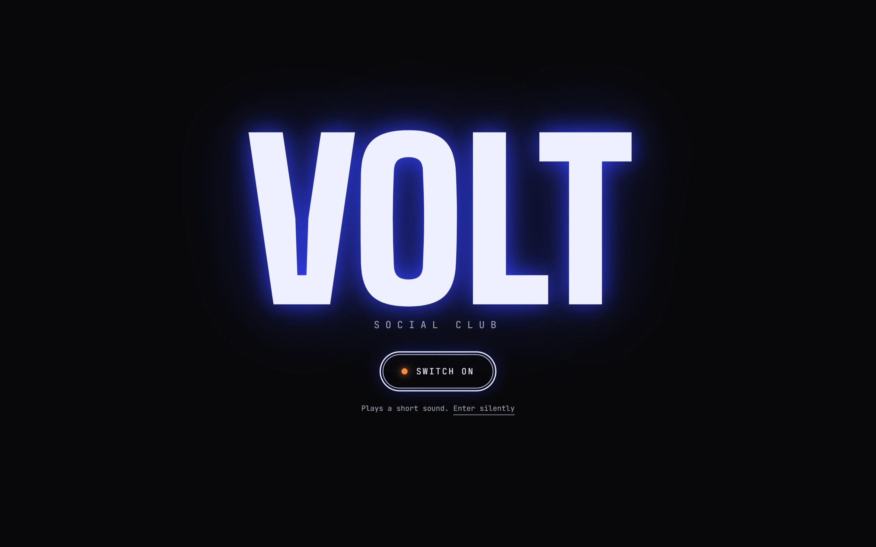 The power-on entrance with the Volt wordmark lit in cobalt