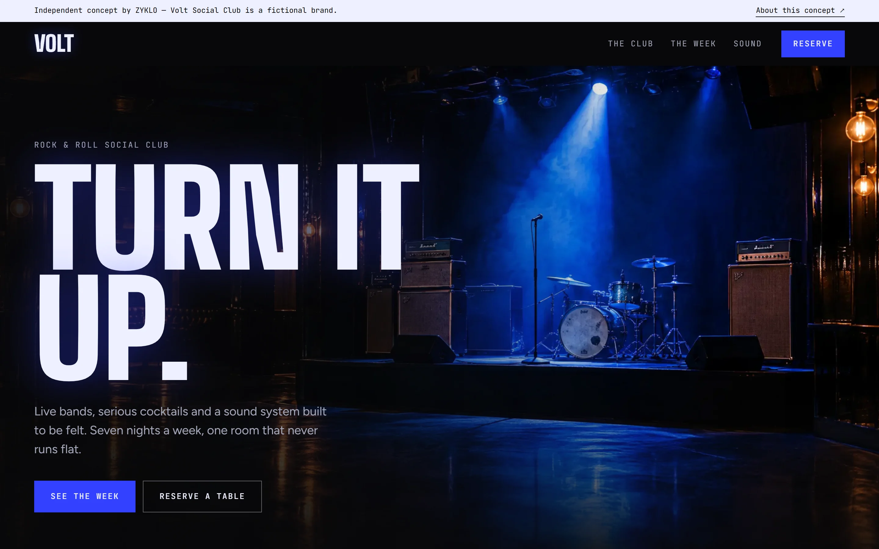 Volt Social Club concept homepage: Turn it up, over a stage in cobalt light